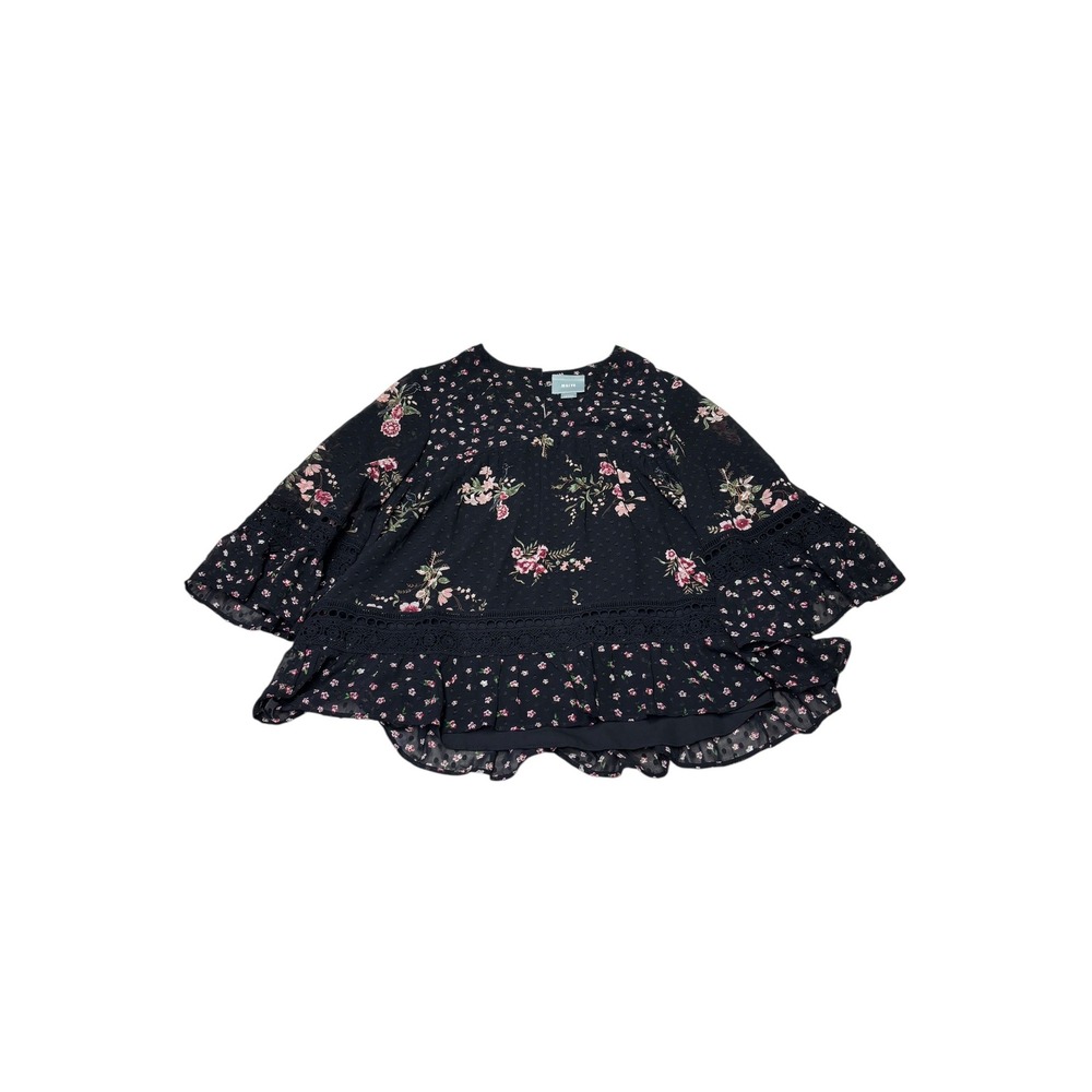 Maeve Anthropologie Black Floral Swiss Dot Crochet Lace Ruffle Blouse XS